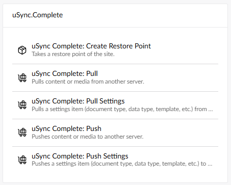 The uSync.Complete triggers for a new action.