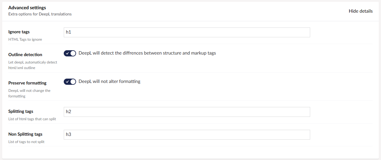 The DeepL Connector advanced settings box.