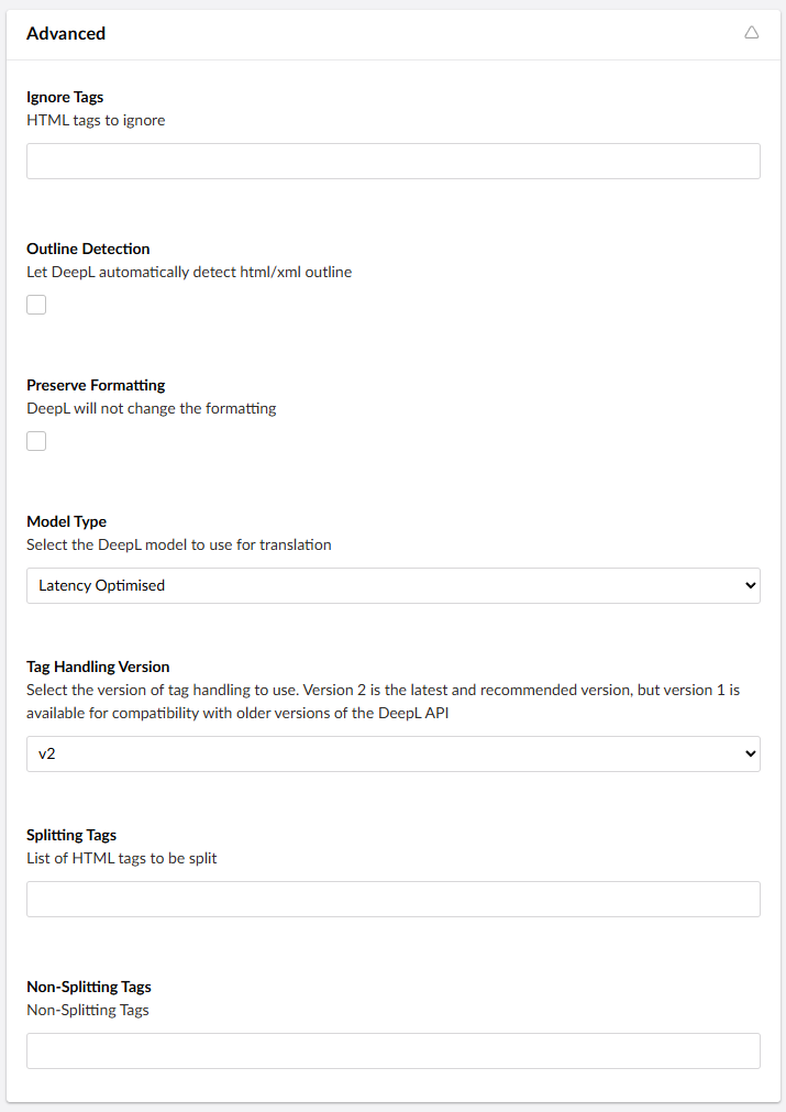 The DeepL Connector advanced settings box.