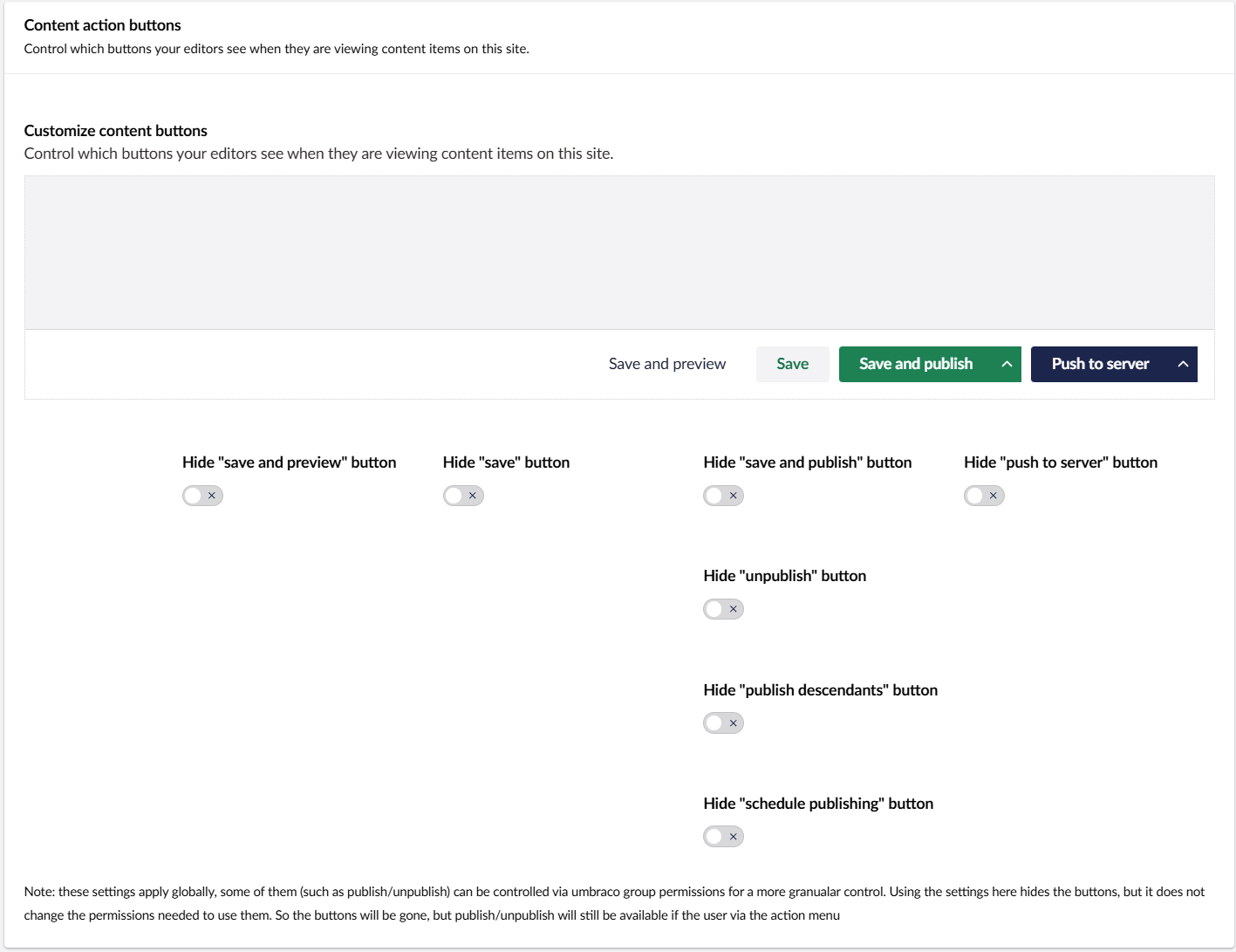 The content action buttons section of the UI settings.