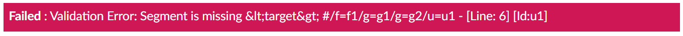 An error message reading &quot;Failed : Validation Error: Segment is missing &lt;target&gt; #/f=f1/g=g1/g=g2/u=u1 - [Line: 6] [Id]&quot;.