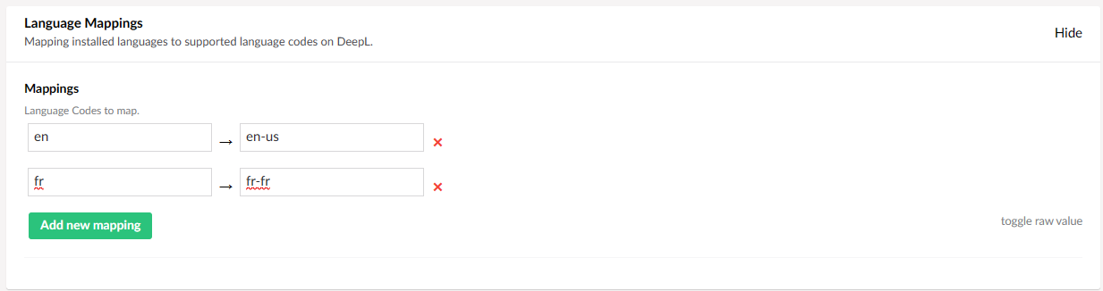The DeepL Connector Language Mappings box.