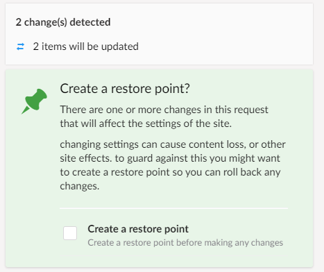 Publisher prompting to create a restore point.