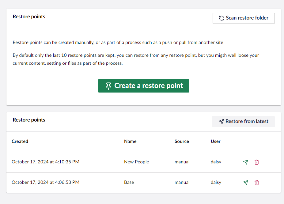 Restore points dashboard.