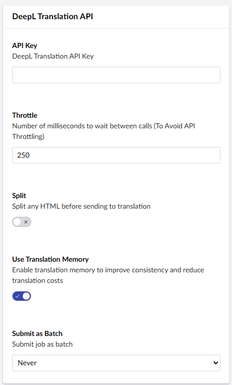 The DeepL Connector settings box.