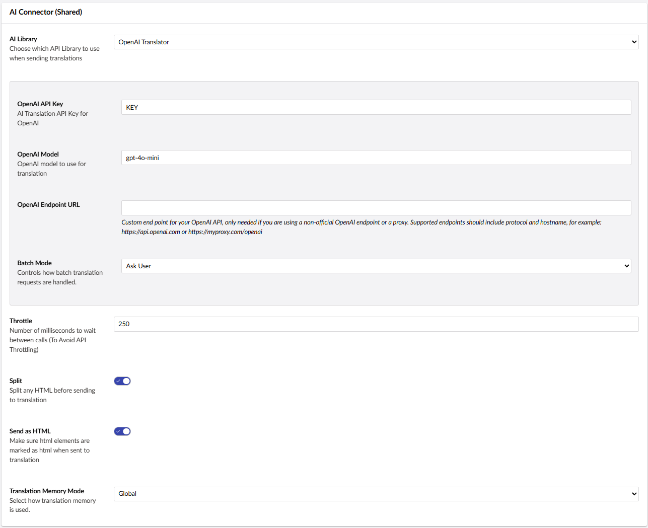 The OpenAI connector options, including the OpenAI API Key box. 
