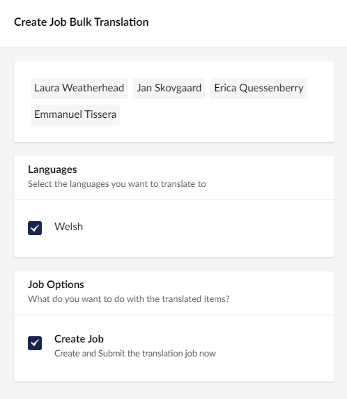 Bulk Translation create job menu.